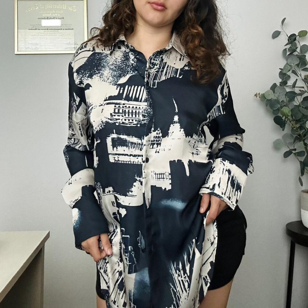 H&M city print, silk button up shirt